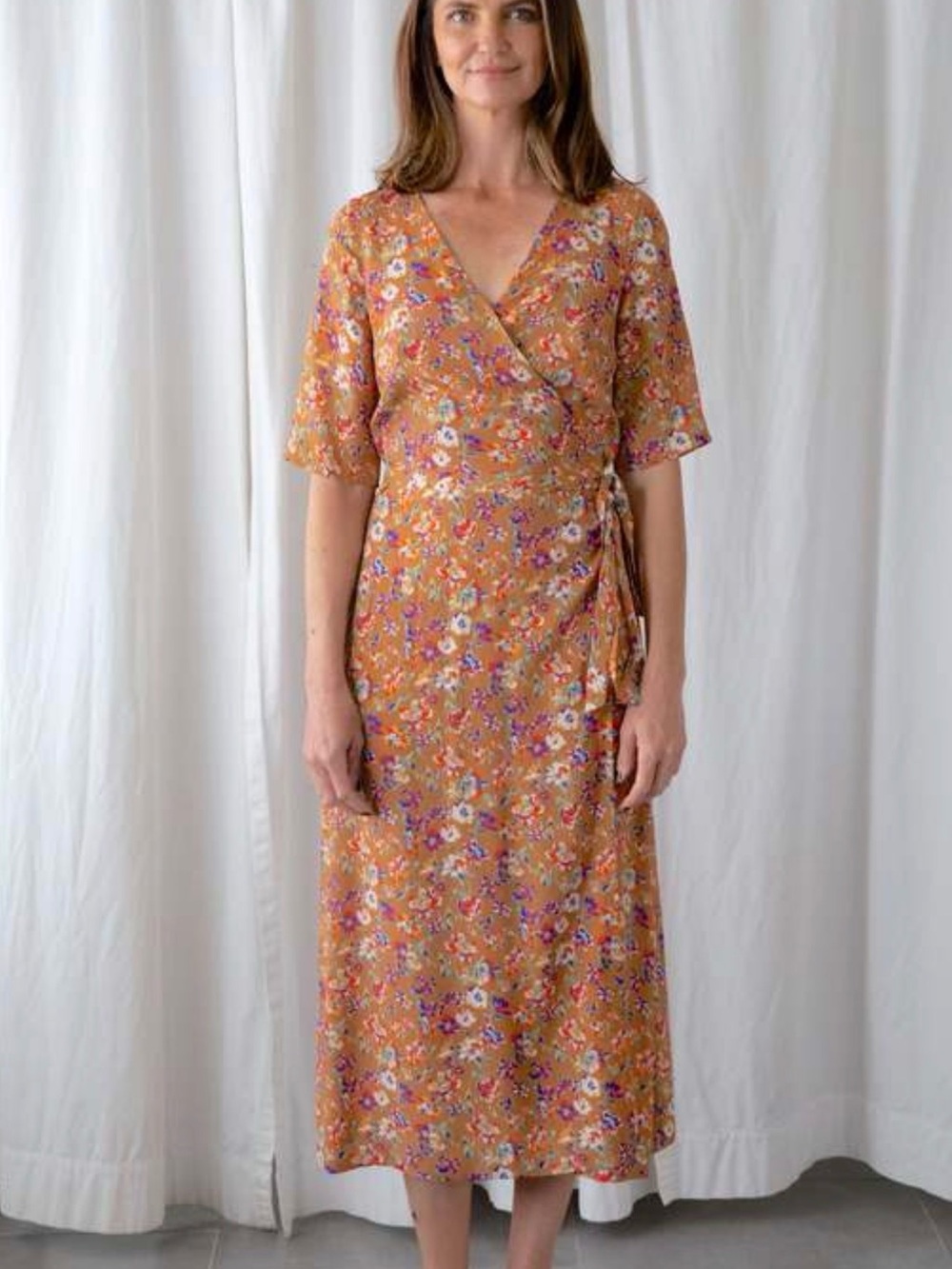 No.6 felice silk blend wrap dress in bronze wisteria floral Sz S midi